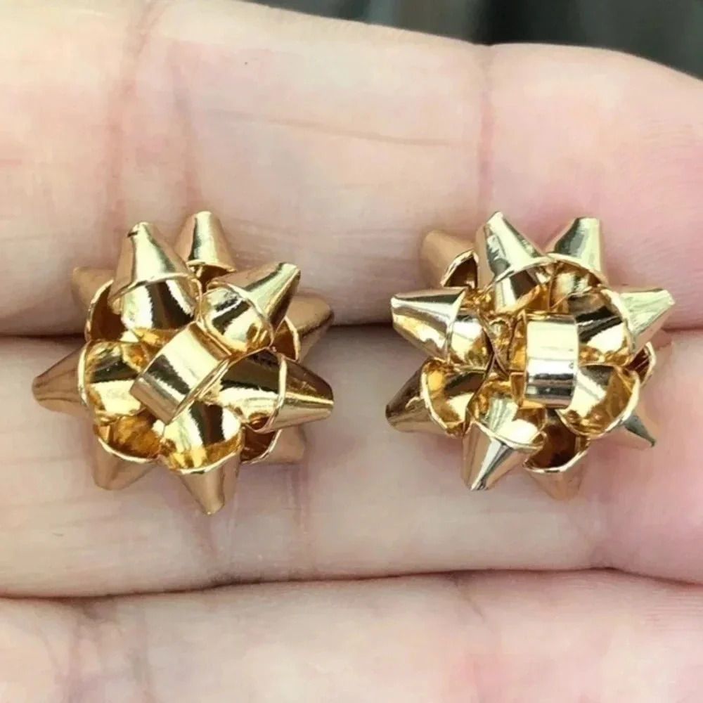 Gold Metal Bow Present Holiday Christmas Gift Stud Earrings NWT